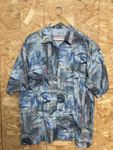 Vintage 90s abstract blue grey tropical floral surf hawaiian party beach cotton shirt size large by Bamboo Cay
